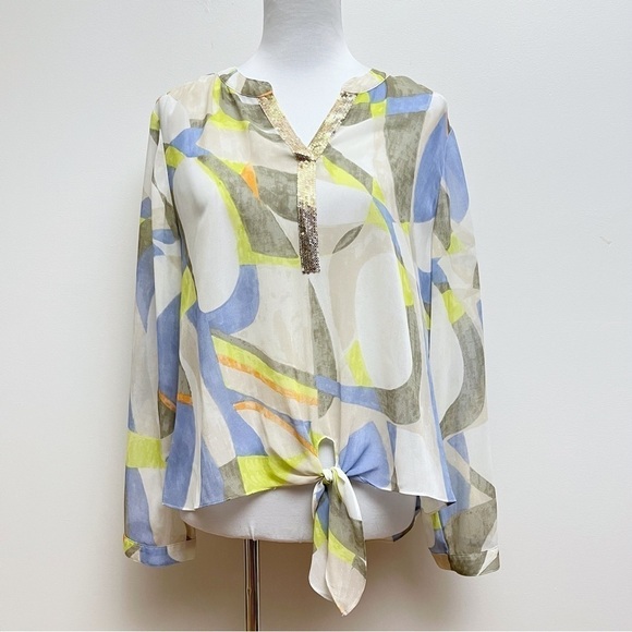 Chico’s Womens Large Geometric Print Gold Sequined Placket Front Knot Tie Blouse - Picture 1 of 9